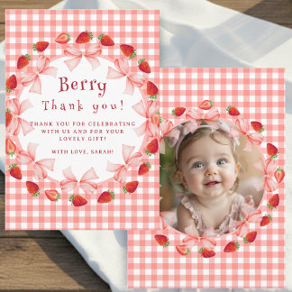 Coquette Berry First Birthday Red Gingham Photo Thank You Card