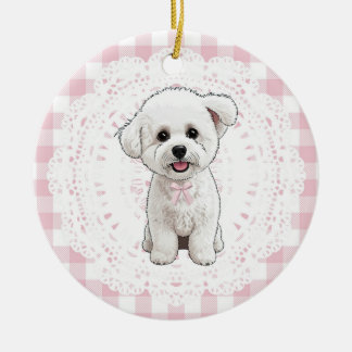 Coquette Bichon Frise Dog Pink Gingham Bows Ceramic Tree Decoration