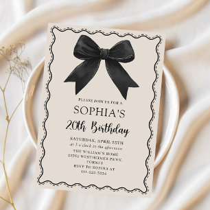 Coquette Black Bow 20th Birthday Party Invitation