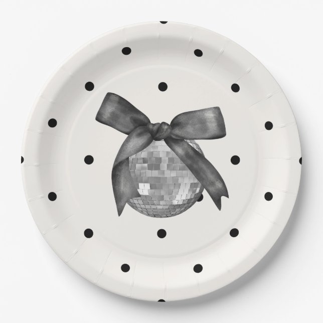 Coquette Black Bow & Disco Ball Elegant Birthday Paper Plate (Front)