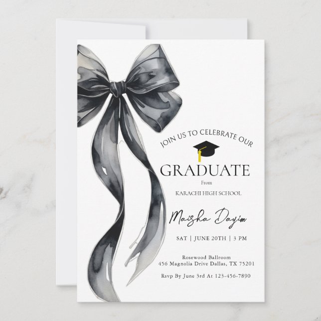 Coquette Black Bow Graduation Photo Invitation (Front)