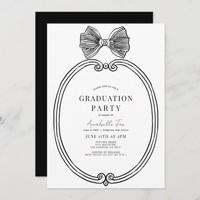 Coquette Black Bow/Ribbon Frame Graduation Party Invitation (Front/Back)