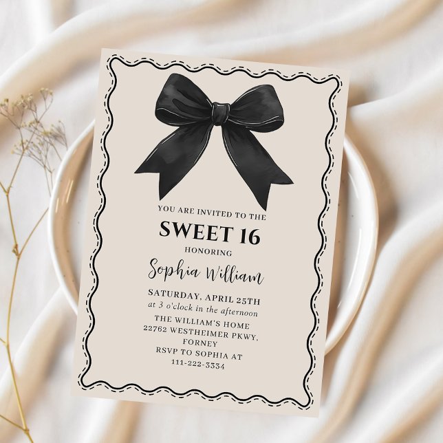 Coquette Black Bow Sweet 16 Birthday Invitation (Creator Uploaded)