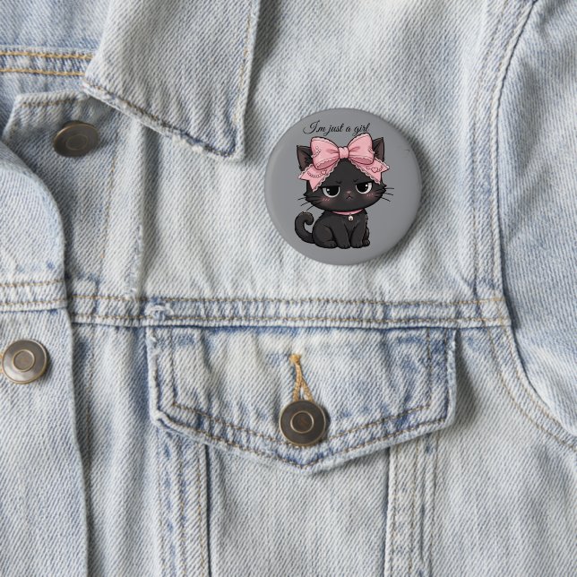 Coquette Black Cat Pink Bow Button Pin (In Situ)