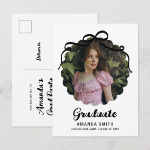 Coquette Black & White Wavy Graduation Photo Invitation Postcard