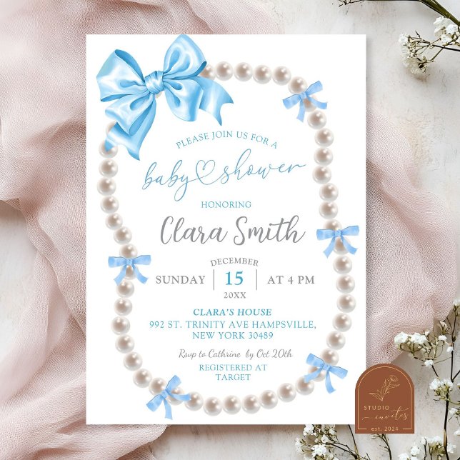 Coquette Blue Bow Boy Baby Shower Invitation (Creator Uploaded)