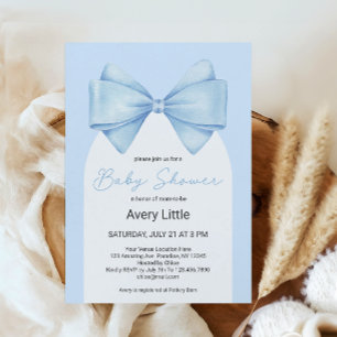 Coquette Blue Bow Modern Boy Baby Shower Invitation