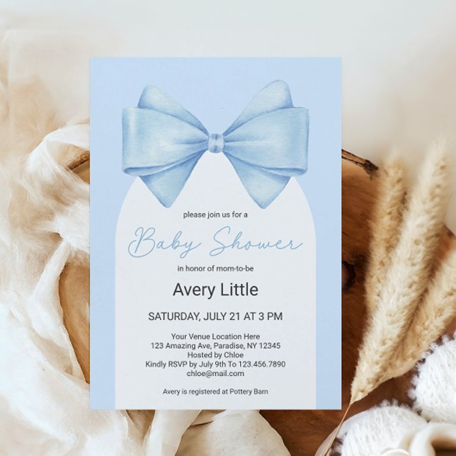 Coquette Blue Bow Modern Boy Baby Shower Invitation (Creator Uploaded)