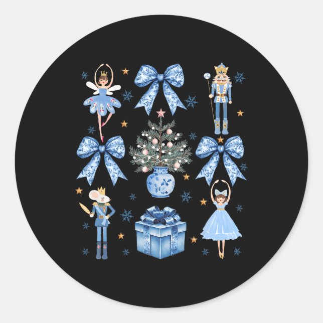Coquette Blue Bow Nutcracker Xmas Merry Christmas  Classic Round Sticker (Front)