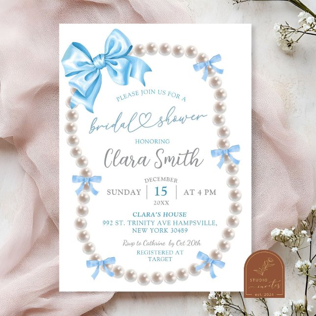 Coquette Blue Bow Pearl Bridal Shower Invitation (Creator Uploaded)