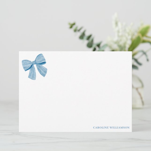 Coquette Blue Bow Personalised Name Stationery Thank You Card (Standing Front)