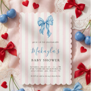 Coquette Blue Bow Pink Stripes Boy Baby Shower Invitation