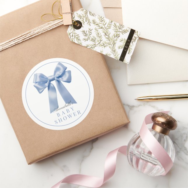 Coquette Blue Bow Ribbon Boy Baby Shower Classic Round Sticker (Gifting)