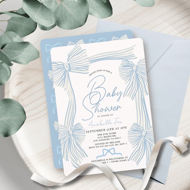 Coquette Blue Bow/Ribbon Boy Baby Shower Invitation (Creator Uploaded)