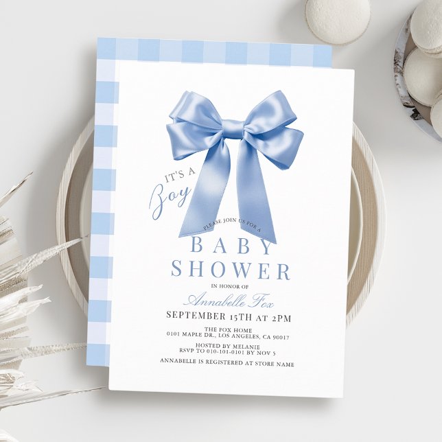 Coquette Blue Bow Ribbon Boy Baby Shower Invitation (Creator Uploaded)