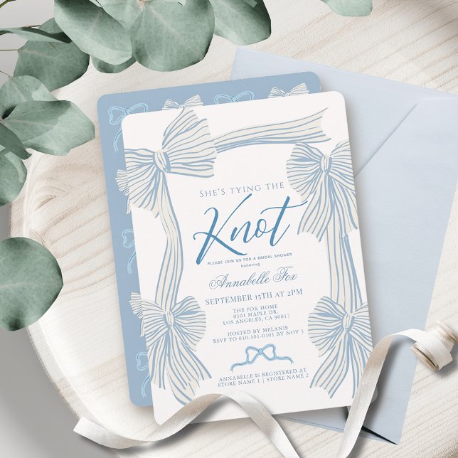 Coquette Blue Bow Tying the Knot Bridal Shower Invitation (Creator Uploaded)