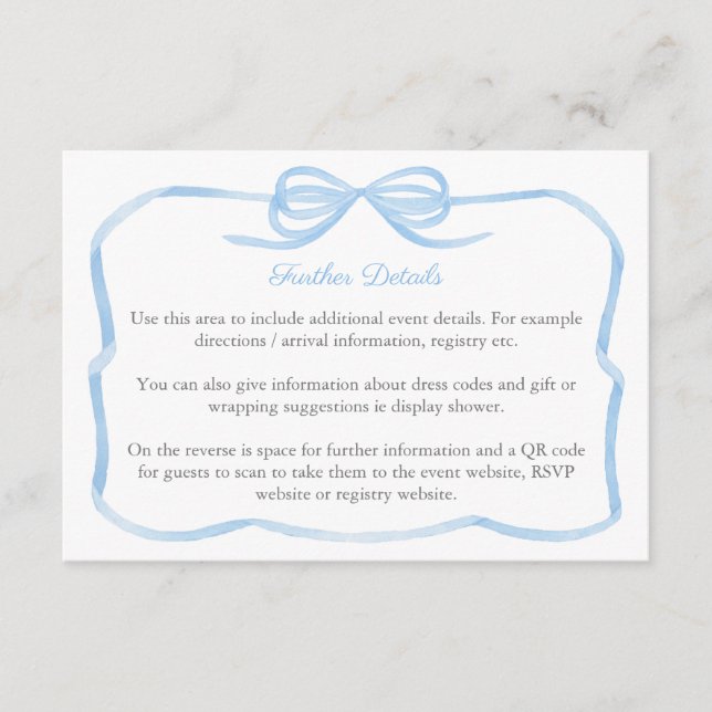 Coquette Blue Bow Wedding Shower Details QR Code  Enclosure Card (Front)