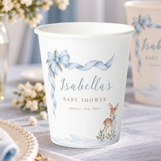 Coquette Blue Bow Winter Woodland Baby Shower Paper Cups