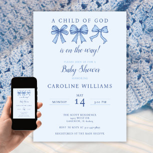 Coquette Blue Bows Christian Child of God Boy Invitation