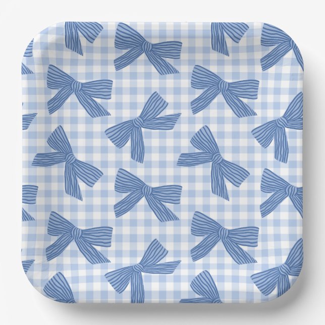 Coquette blue gingham and bows paper plate (Front)
