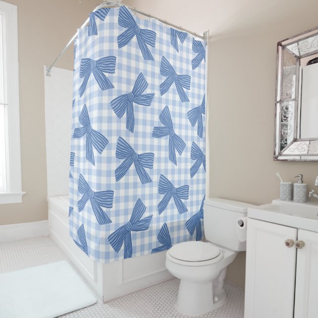 Coquette blue gingham and bows shower curtain (In Situ)