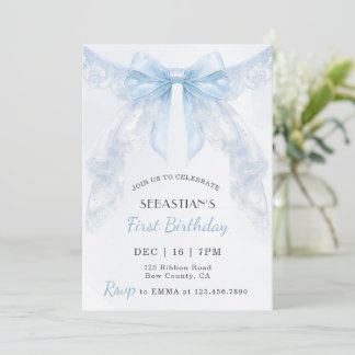 Coquette Blue Lace Bow Boy First Birthday Invitation