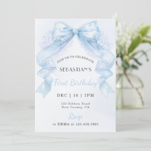 Coquette Blue Lace Bow Boy First Birthday Invitation