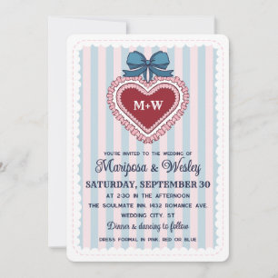 Coquette Blue Pink Ruffled Heart Stripes Wedding Invitation