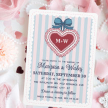 Coquette Blue Pink Ruffled Heart Stripes Wedding