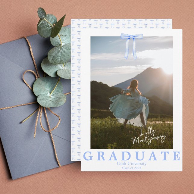 Coquette Blue Ribbon Photo Graduation Announcement (Creator Uploaded)