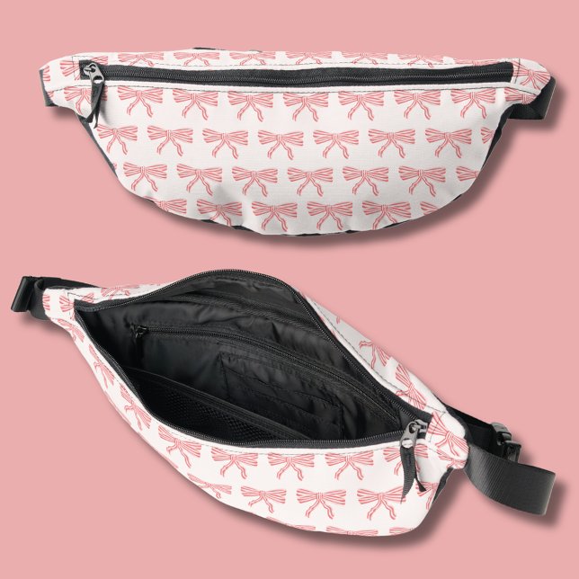 Coquette blush pink and red striped bows bum bags (Girls fanny pack with blush pink bow design.)