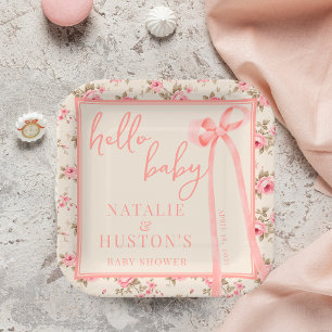 Coquette Blush Pink Bow Floral Baby Shower Custom Paper Plate