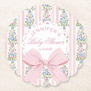 Coquette Blush Pink Bow Rose Baby Shower Paper Coaster