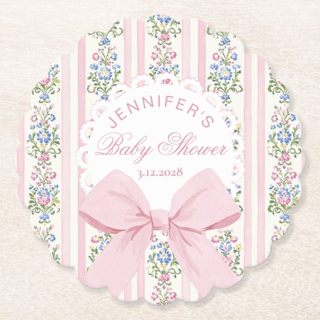 Coquette Blush Pink Bow Rose Baby Shower Paper Coaster (Front)
