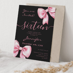 Coquette Blush Pink Bow Sweet 16 Party Black Invitation