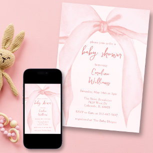 Coquette Blush Pink Bow Whimsical Cute Baby Shower Invitation