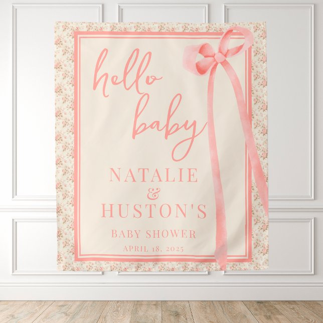 Coquette Blush Pink Bow Whimsical Cute Baby Shower Tapestry (Creator Uploaded)