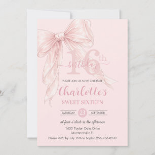 Coquette Blush Pink Ribbon Bow 16th Birthday Invitation