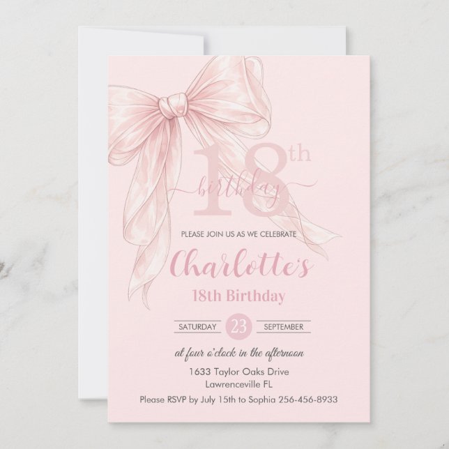 Coquette Blush Pink Ribbon Bow 18th Birthday Invitation (Front)