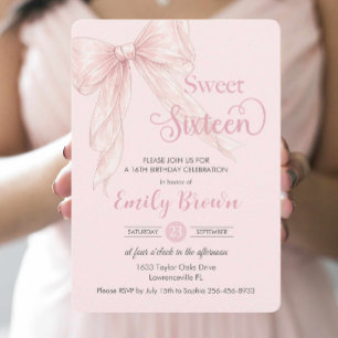 Coquette Blush Pink Ribbon Bow Sweet 16 Birthday Invitation