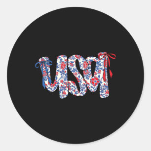 Coquette Bow 4th Of July Usa Floral Usa For Women  Classic Round Sticker