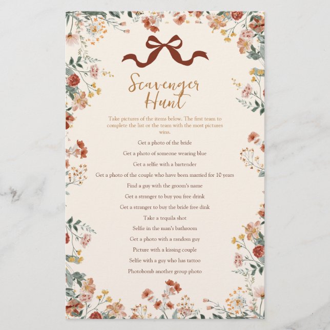 Coquette Bow Autumn Scavenger Hunt Games Card (Front)