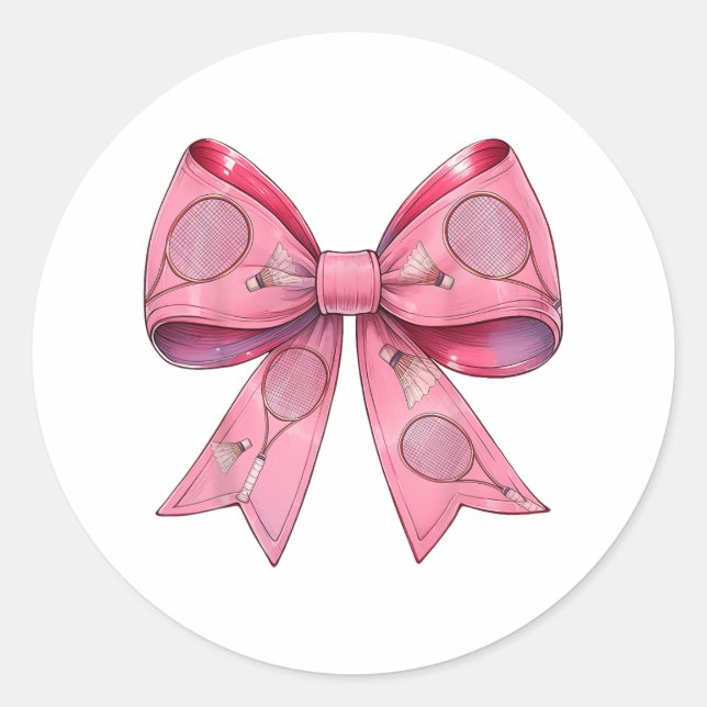 Coquette Bow Badminton Shuttle Racket Pink Ribbon  Classic Round Sticker (Front)