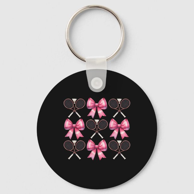 Coquette Bow Badminton Shuttle Racket Pink Ribbon  Key Ring (Front)
