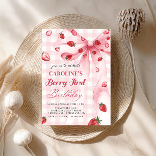Coquette Bow Berry First Strawberry 1st Birthday Invitation