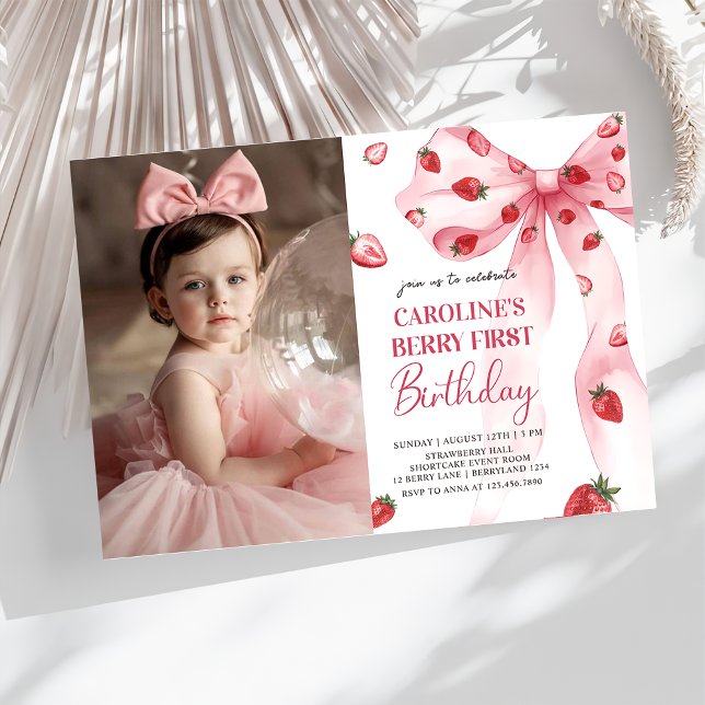Coquette Bow Berry First Strawberry Birthday Photo Invitation (Creator Uploaded)