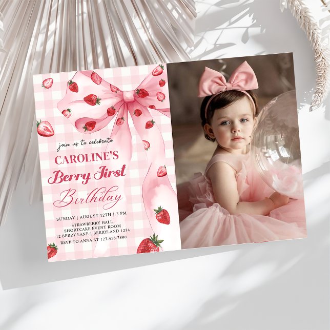 Coquette Bow Berry First Strawberry Birthday Photo Invitation (Creator Uploaded)