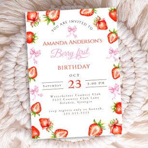 Coquette Bow Berry First Strawberry First Birthday Invitation