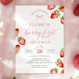 Coquette Bow Berry First Strawberry First Birthday Invitation