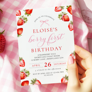 Coquette Bow Berry First Strawberry First Birthday Invitation